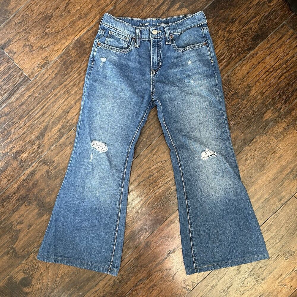 Girls Old Navy High Rise Baggy Flare Distressed Denim Jeans Size 10 Adjustable